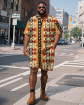 Big & Tall Men's Yellow Geometric Colorblock Diamond Print Short Sleeve Polo Shirt Shorts Suit