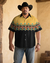 Men's Plus Size Black & Yellow Western Denim Cotton Blend Short Sleeve Shirt