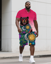 Big Men's Ethnic Cartoon Bear Printed Casual Retro Short-Sleeve Polo Shirt Shorts Set