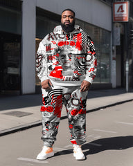Plus Size Men's Art Abstract Lines Hoodie Two-Piece Set