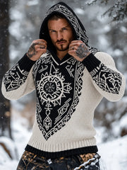 Men's Viking Tribal Celtic Inspired Printed Chunky Knit Hooded Sweater