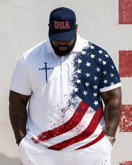 Big & Tall Men's Splash Ink Flag Cross Printed POLO Short Sleeve Shorts Set