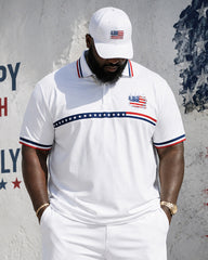 Big & Tall Men's Star-Edge Flag Print POLO Short Sleeve Shorts Set