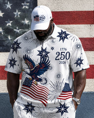 Big & Tall Men's Whitehead Sea Eagle 250 Anniversary Star Strip Fireworks Print POLO Short Sleeve Shorts Set