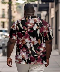Men's Plus Size Hawaiian Floral Print Henry Collar Button Short Sleeve Tee