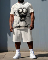 Men's Casual Surprised Elf Illustration Print Big & Tall Breathable Short-Sleeve T-shirt Shorts Set