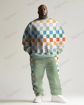 Men's Green Print Plus Size Crewneck Sweatshirt Suit