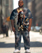 Men's Plus Size Street Fashion Graffiti Guitar Skull Print T-Shirt Trousers Suit