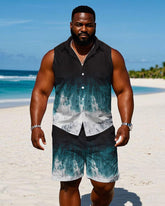 Men's Plus Size Hawaiian Black & White & Blue Sleeveless Vest Shirt Shorts Suit