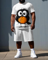 Men's Casual Cute Bird Cartoon Print Big & Tall Short-Sleeve T-shirt Shorts Breathable Summer Set