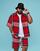 Men's Big Size Business Casual Red Bold Plaid Printed Outdoor Short Sleeve Shirt and Shorts Set