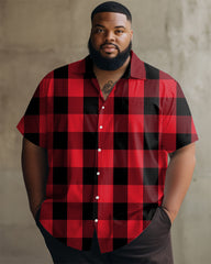 Men's Large Size Casual Red Plaid Lapel Short Sleeve Shirt