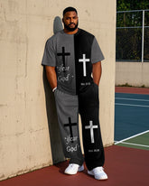 Men's Streetwear Splicing Style Cross Printed Big & Tall Short Sleeve T-shirt Pants 2-Piece Set
