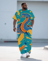 Big and Tall Men's Animal World Snake Cartoon Printed Outdoor Short Sleeve T-shirt Pants Set