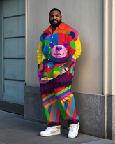Big and Tall Men's Casual Colorful Bear Graffiti Animal Printed Long Sleeve Shirt Pants Set