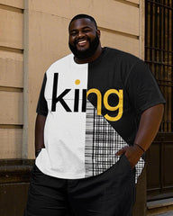 Men's Plaid Patchwork Black KING Design Printed T-Shirt Trousers Suit