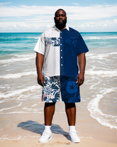Big Men's Fashion Color Block Splicing Abstract Leaves & Floral Printed Short Sleeve Shirt Shorts Set