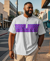 Big & Tall Men's White Spell Purple Stripe Geometric Print Henry Collar Button Short Sleeve T-Shirt