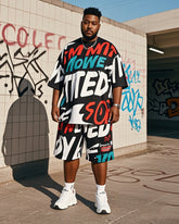 Plus Size Men's Creative Graffiti Personalized English Printed T-Shirt Shorts Suit