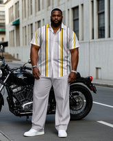 Men's Plus Size Light Gray Fashion Vertical Stripe Short Sleeve Shirt Pants Suit