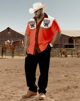 Big & Tall Men's Western Style Color Matching Casual Mexican American Pride Print-short Sleeve Shirt Trousers Suit