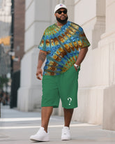 Men's Plus Size Tie-Dye Basal Nebula Double Scalloped Folding Round Neck T-Shirt Shorts Suit