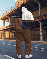Men's Casual Brown Stripe Print Plus Size Hoodie Suit