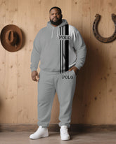 Big & Tall Men' Autumn And Winter Gray & White & Black Stitching Simple Chest Small Label Printed Hoodie Suit