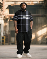 Big & Tall Men's Classic Black And Grey Plaid King Alphabet Print T-Shirt Pants Suit