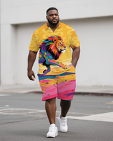 Big Men's Casual Outdoor Oil Painted Lion Cartoon Printed Short-Sleeve Polo Shirt & Shorts Set