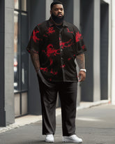 Men's Plus Size Business Casual Ink Print Short Sleeve Shirt Set