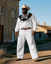 Men's Cowboy Western Style Vintage Embroidery Pattern Printed Big & Tall Long Sleeve Shirt Pants Set