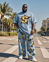 Plus Size Men Street Fashion Star Sticker Art Denim T-shirt Pants Suit