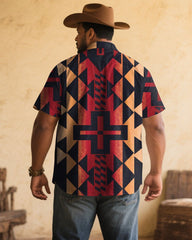 Men's Plus Size Western Denim Black & Red Printed Short Sleeve Shirt