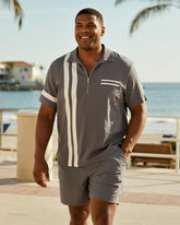 Big & Tall Men's Business Grey Stripe Print Short Sleeve Zip Polo Shirt Shorts Suit