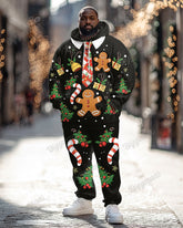 Men’s Christmas Black Gingerbread Man Tie Print Big & Tall Hoodie Set