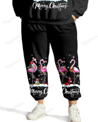 Christmas Flamingo Print Women Plus Size Hoodie Suit