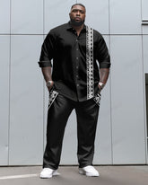 Geometric Pocket Patchwork Printed Long Sleeve Leverage Shirt 2 Piece Set Big Men's