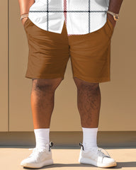Big Men's Classic Plaid Stitching Print Short Sleeve Shirt Shorts Set