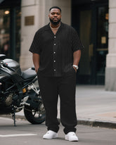 Men's Plus Size Simple Black Stripe Patchwork Printing Pocket Short Sleeve Shirt Trousers Suit