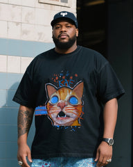 Plus Size Men's Cat Print T-Shirt Splash Ink Pants Denim Suit