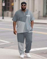 Men's Plus Size Blue And Grey Colorblock Alphabet Print Henry Collar T-Shirt Pants Suit