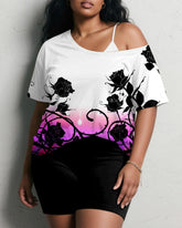 Women's Plus Size Vintage Gradient Rose Silhouette Print Short Sleeve Shorts Suit