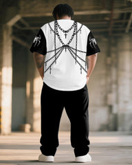 Big & Tall Men's Punk Chain Cross Spider Print T-Shirt Pants Suit