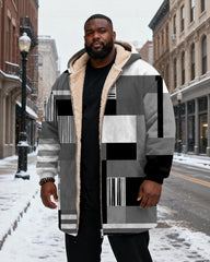 Big & Tall Men's Gray Geometric Print Velvet Thickened Long Hooded Exterior