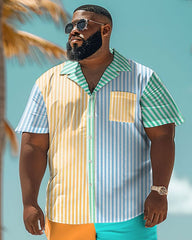Men's Plus Size Colorblock Hawaiian Striped Print Shirt Shorts Suit
