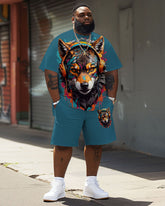 Big & Tall Men's Street Fashion Graffiti Wolf Print T-Shirt Shorts Set
