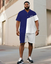 Men's Plus Size Blue & White Irregular Stitching Chest Small Label Printed Short Sleeve Shirt Shorts Suit