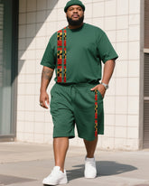 Men's Plus Size Mars Green Creative Striped Cross Print T-Shirt Shorts Suit