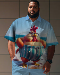 Men's Plus Size Street Fashion Blue Cartoon Fun Chick Print Shirt Shorts Suit